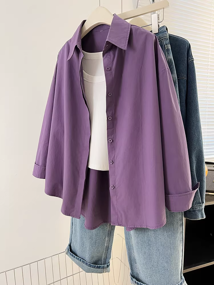 Áo sơ mi dài tay màu tím La Chapelle dành cho nữ, mẫu mới thu 2025, kiểu dáng rộng, chất liệu cao cấp.
