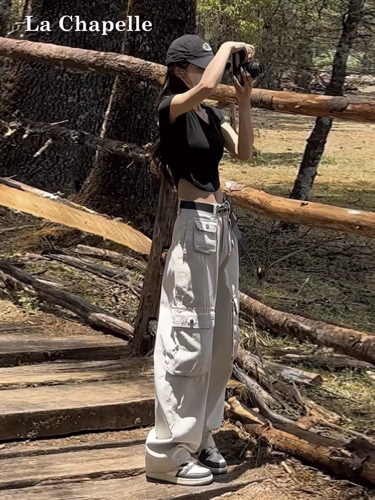 Quần cargo trắng La Chapelle dành cho nữ, mẫu mới xuân thu 2025, dáng rộng, chất liệu mềm mại, kiểu dáng Mỹ, ống rộng, dành cho người nhỏ nhắn
