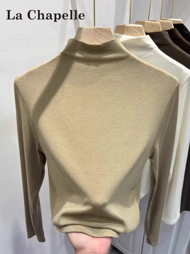 Áo thun nữ La Chapelle cổ lọ nửa cao, chất liệu chải mềm, tay dài, kiểu dáng ôm body, mùa thu đông 2025, lớp áo lót