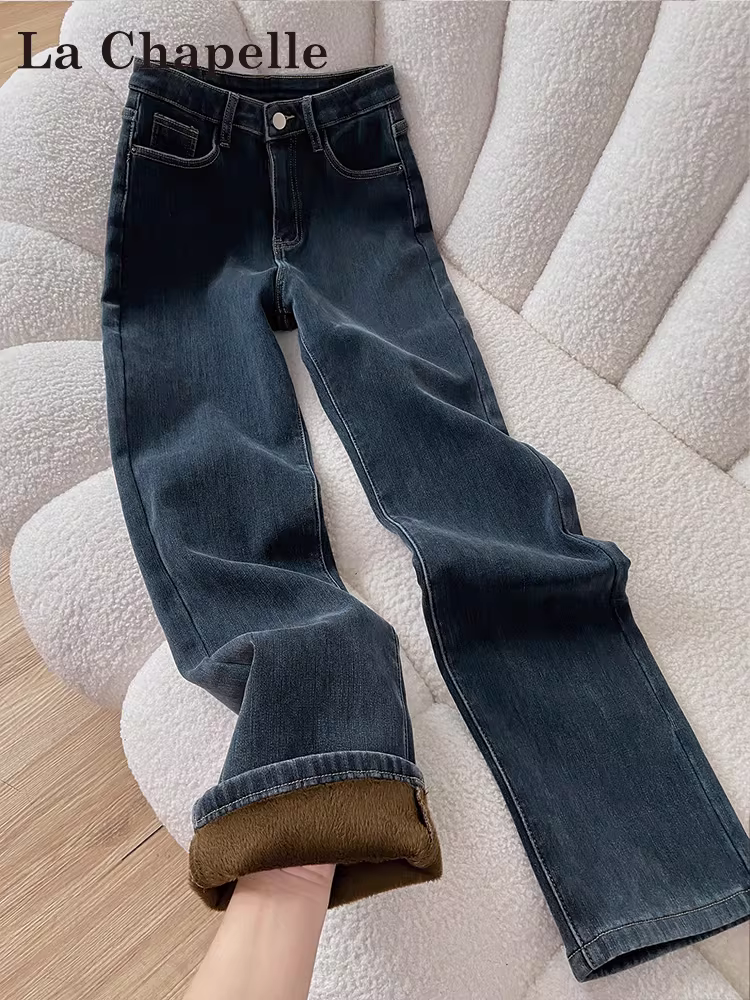 Quần jean ống đứng dày lót lông cừu La Chapelle dành cho nữ, quần ôm dáng thuốc lá mới mùa thu đông 2025 dành cho người nhỏ nhắn.