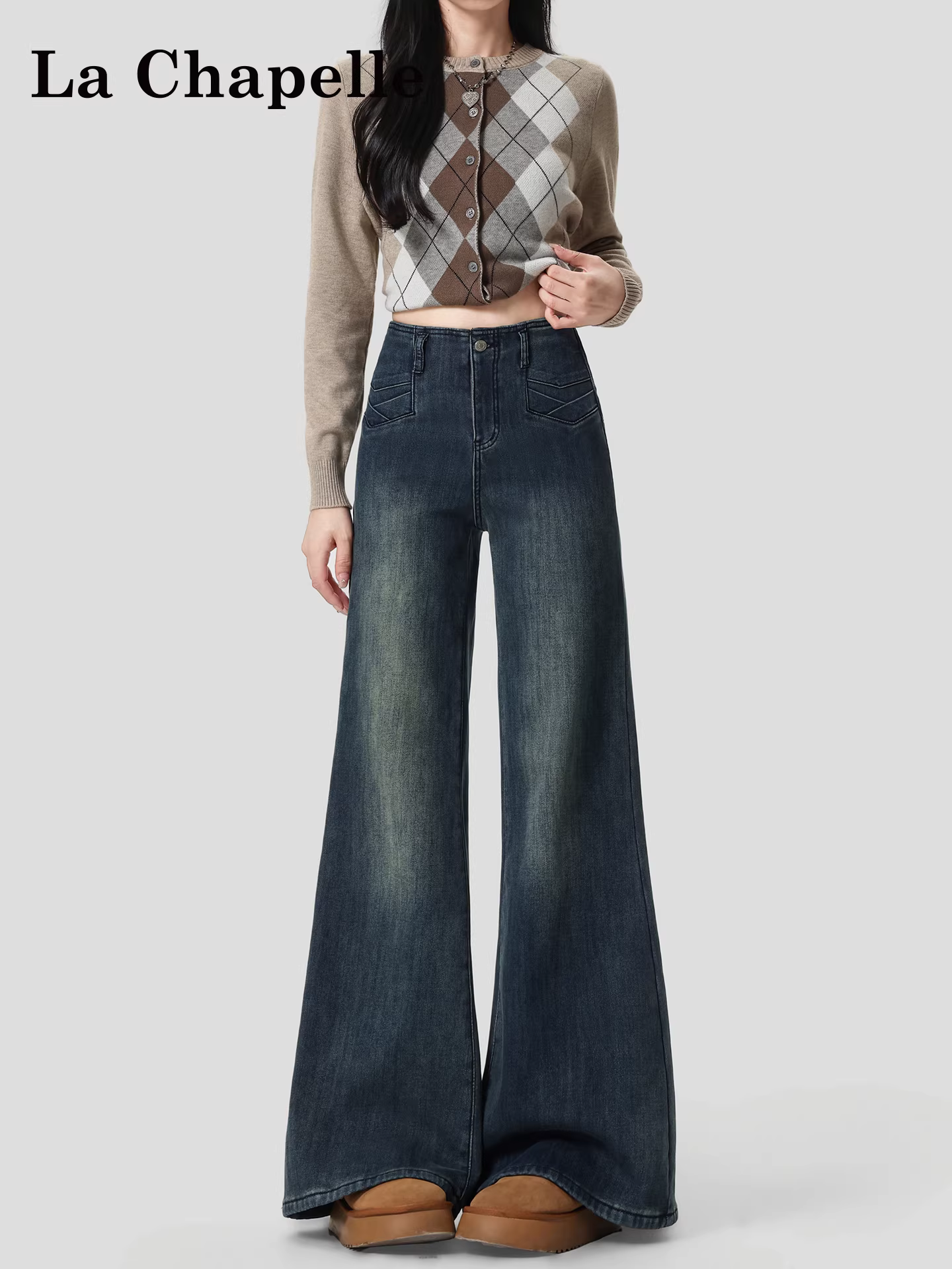 Quần jeans ống rộng lót lông dày La Chapelle dành cho nữ, mẫu mới thu đông 2025, cạp cao, dáng rộng, chất liệu mềm mại, ống thẳng