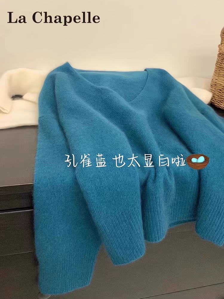 Áo len dệt kim cổ chữ V màu xanh La Chapelle dành cho nữ 2025 mới mùa thu đông kiểu dáng ôm sát mặc lót bên trong