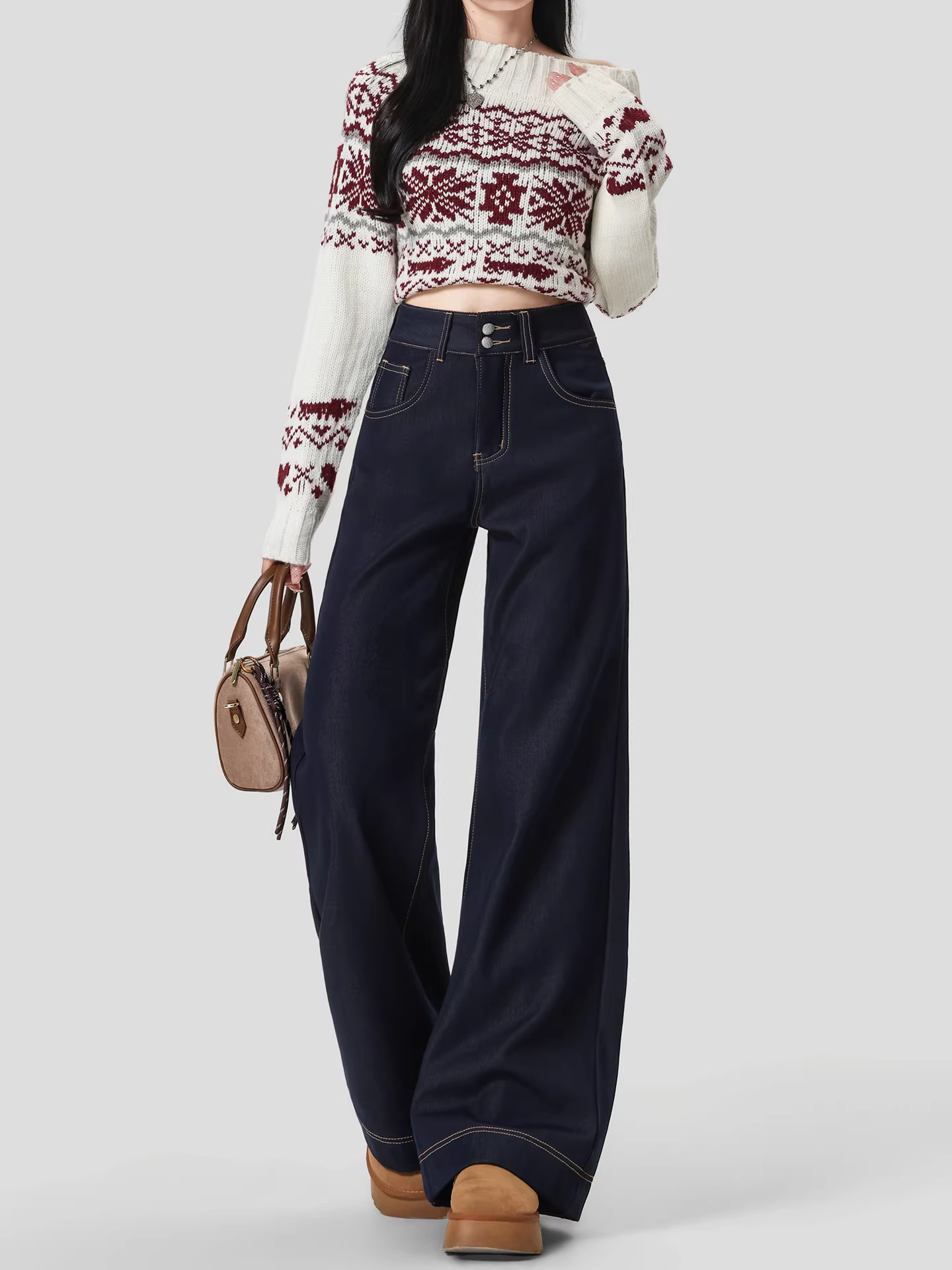 Quần jeans ống rộng dày dặn lót lông cừu La Chapelle dành cho nữ, mẫu mới thu đông 2025, dáng thẳng, size nhỏ nhắn