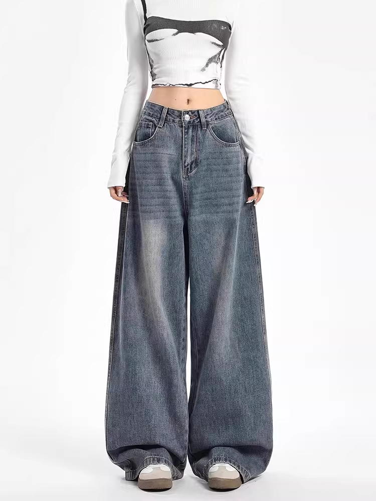 Quần jeans La Chapelle dáng rộng, ống rộng, kiểu retro dành cho nữ, mẫu mới thu đông 2025, cạp cao, lót lông, dáng thẳng, size nhỏ