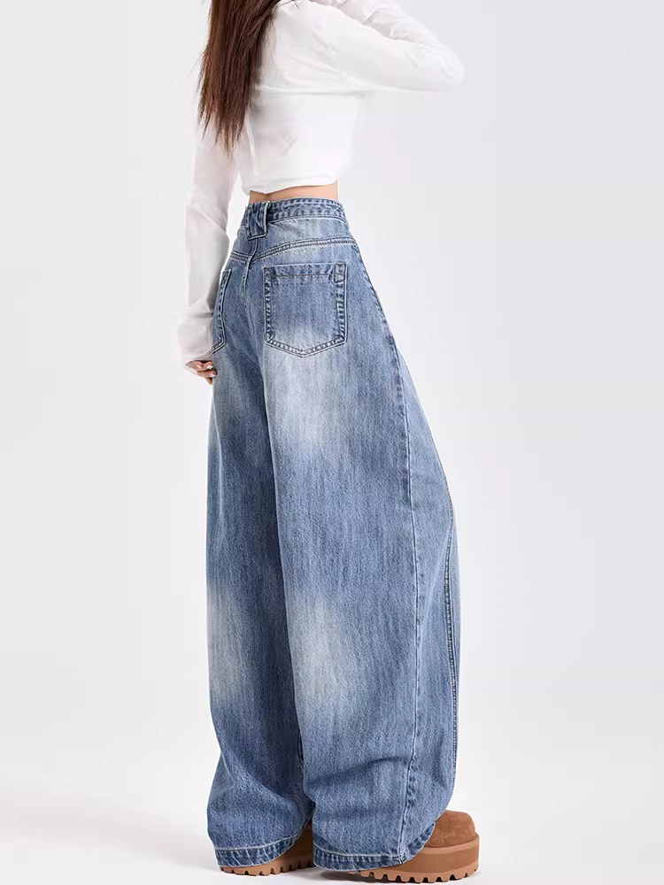 Quần jeans ống rộng La Chapelle dành cho nữ, mẫu mới xuân thu 2025, cạp cao, dáng suôn dài chấm đất.