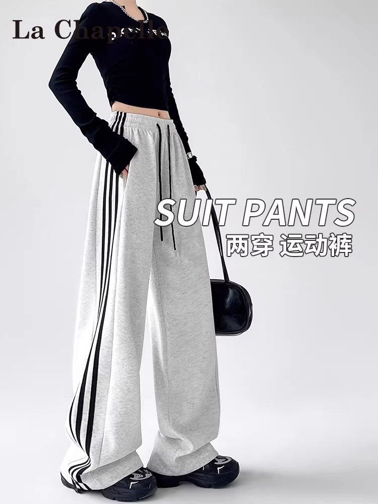 Quần ống rộng lót lông cừu màu trắng kiểu Mỹ La Chapelle dành cho nữ, quần thể thao dáng rộng lưng cao kiểu dáng thể thao mùa thu đông 2025 mới