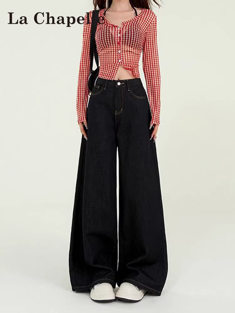 Quần jeans đen ống rộng La Chapelle dành cho nữ, thu đông 2025, kiểu mới cạp cao, dáng rộng, lót lông, dành cho người nhỏ nhắn, ống thẳng
