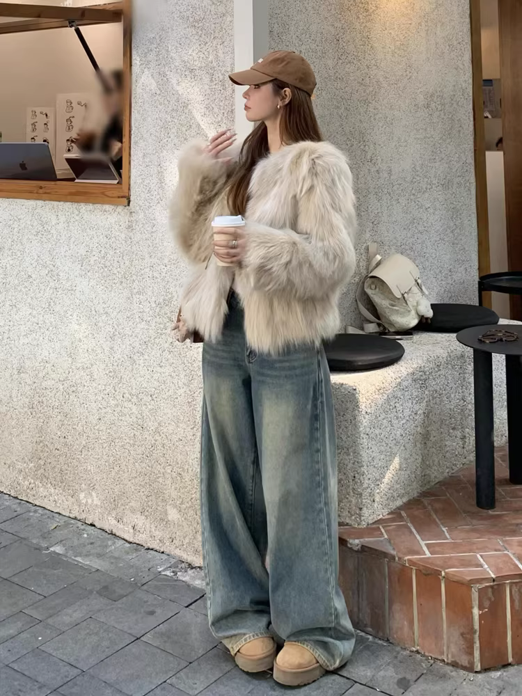 Quần jeans ống rộng dày dặn lót lông cừu La Chapelle dành cho nữ, kiểu dáng Mỹ, mùa thu đông 2025, dành cho người nhỏ nhắn.