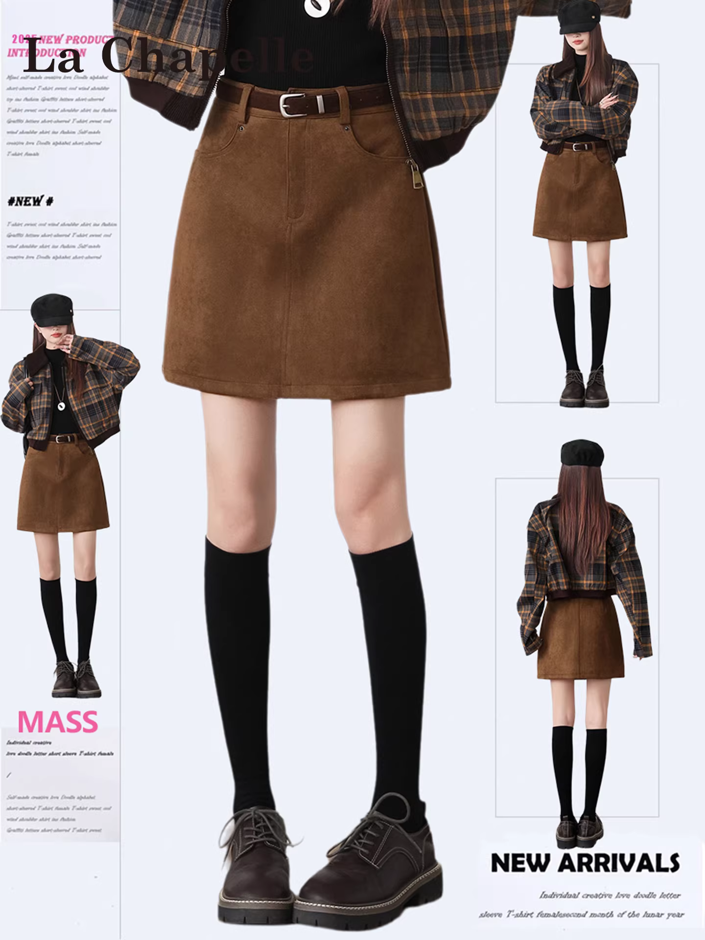 Váy da lộn nâu La Chapelle dành cho nữ 2025, kiểu dáng mới thu đông, cạp cao, tôn dáng, ôm body, ngắn.