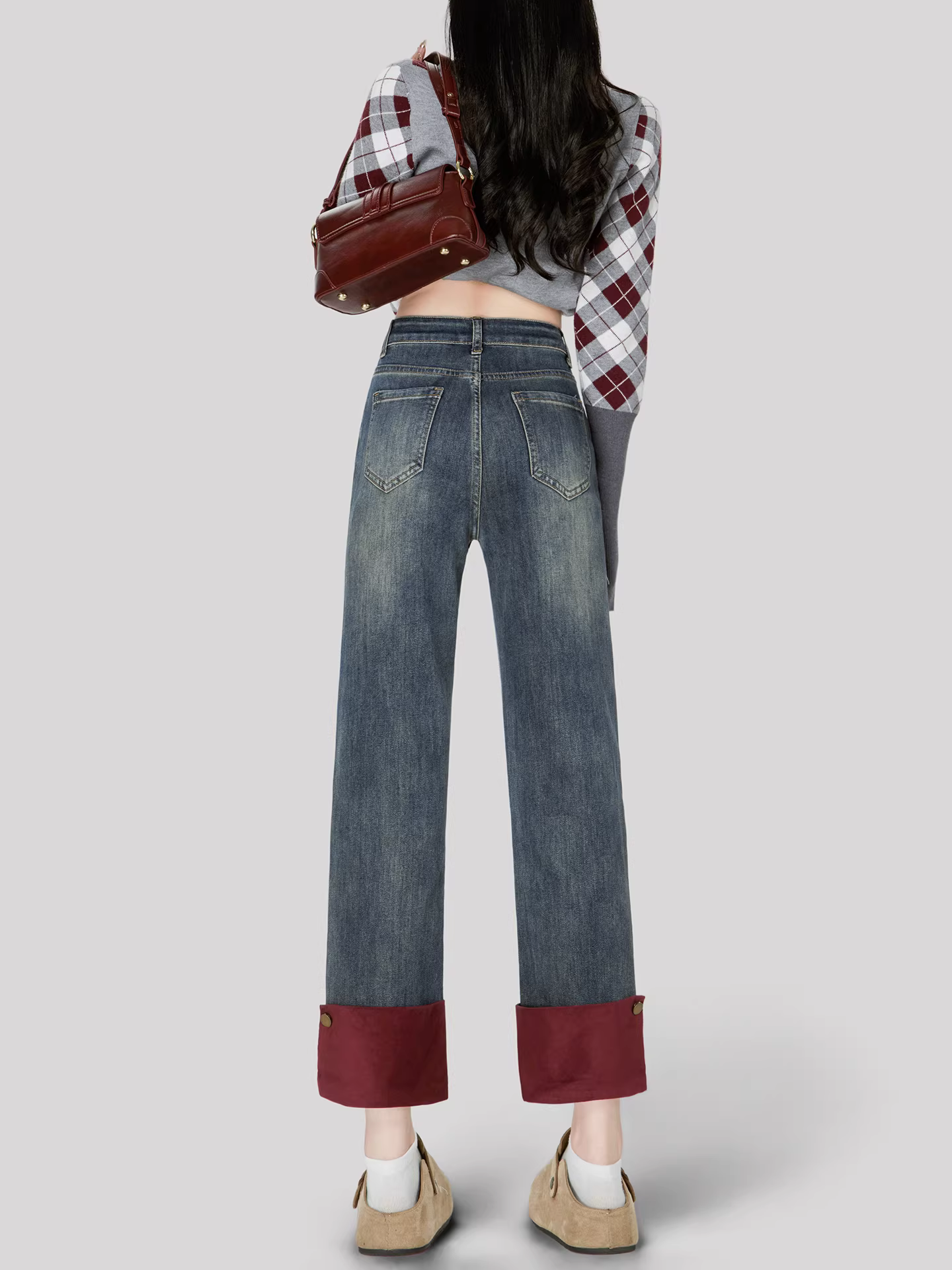 Quần jeans La Chapelle dáng thẳng lưng cao phối vải kiểu retro dành cho nữ, mẫu mới mùa đông 2025, ôm dáng, ống lửng, kiểu dáng cigarette