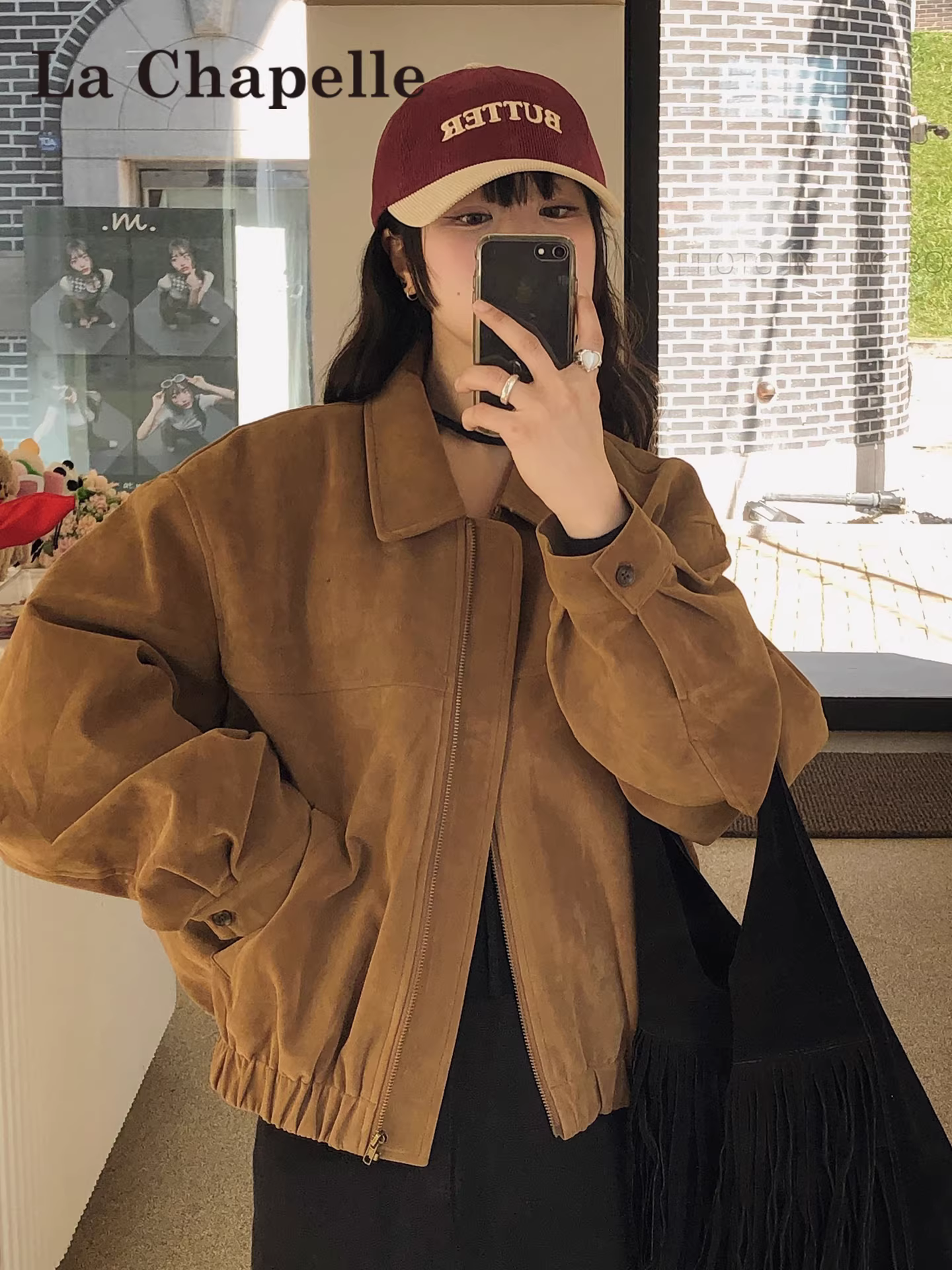 Áo khoác dài tay La Chapelle dành cho nữ, kiểu mới thu đông 2025, áo ngắn bằng da lộn có khóa kéo, dáng rộng.