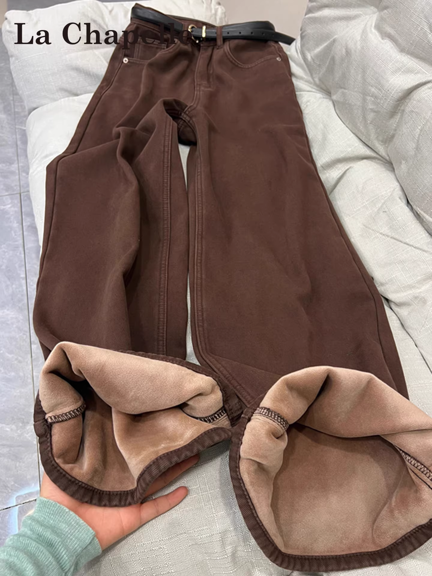 Quần jeans ống rộng dày dặn lót lông phong cách Mỹ La Chapelle dành cho nữ, mẫu mới thu đông 2025, cạp cao, dáng rộng, thẳng