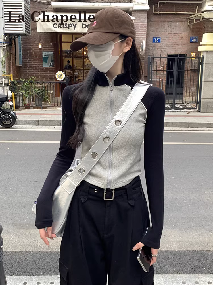 Áo thun dài tay có khóa kéo kiểu Mỹ La Chapelle dành cho nữ, áo cardigan ngắn dáng ôm tay raglan mới mùa xuân thu 2025