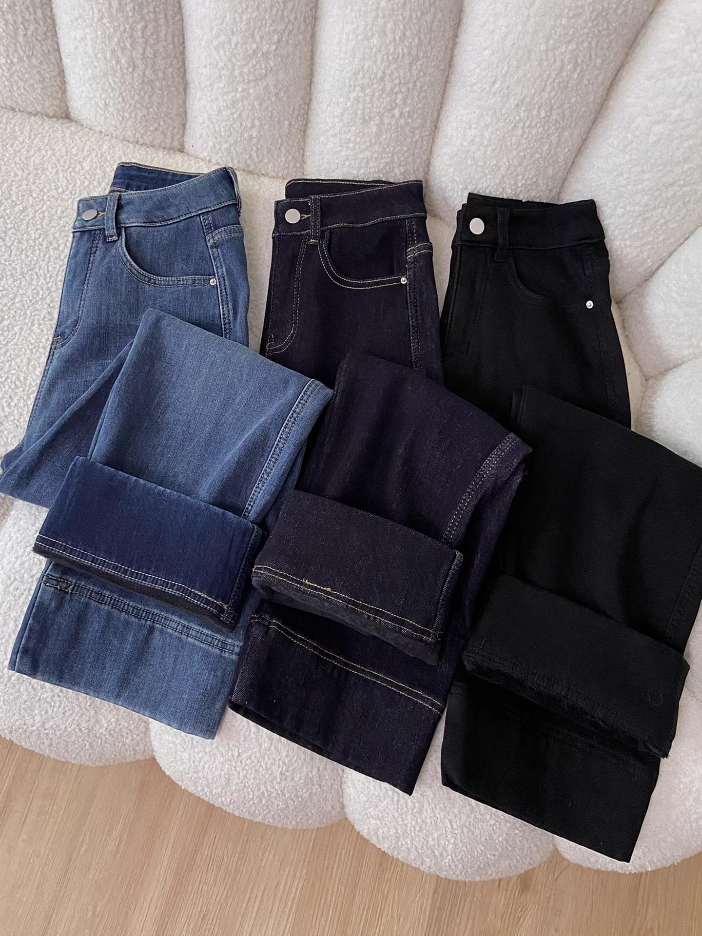 Quần jeans ống rộng lót lông phong cách Mỹ La Chapelle dành cho nữ, kiểu dáng mới thu đông 2025, quần lửng thẳng