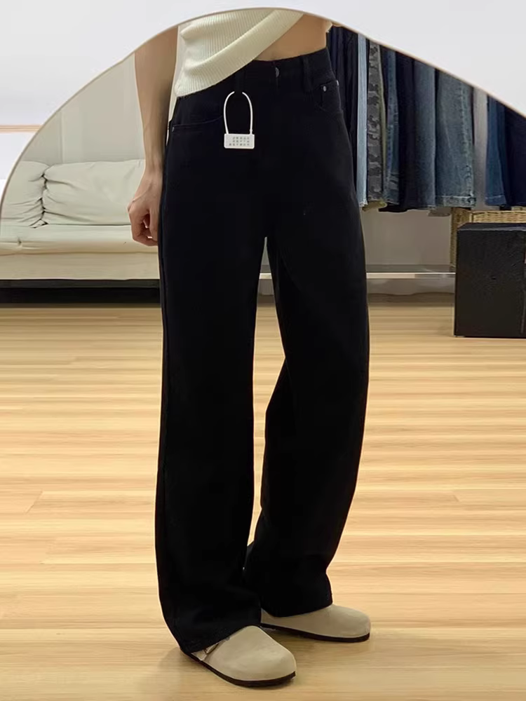 Quần jeans ống rộng lót lông cừu đen La Chapelle dành cho nữ, thu đông 2025, kiểu dáng mới, cạp cao, tôn dáng, thẳng.