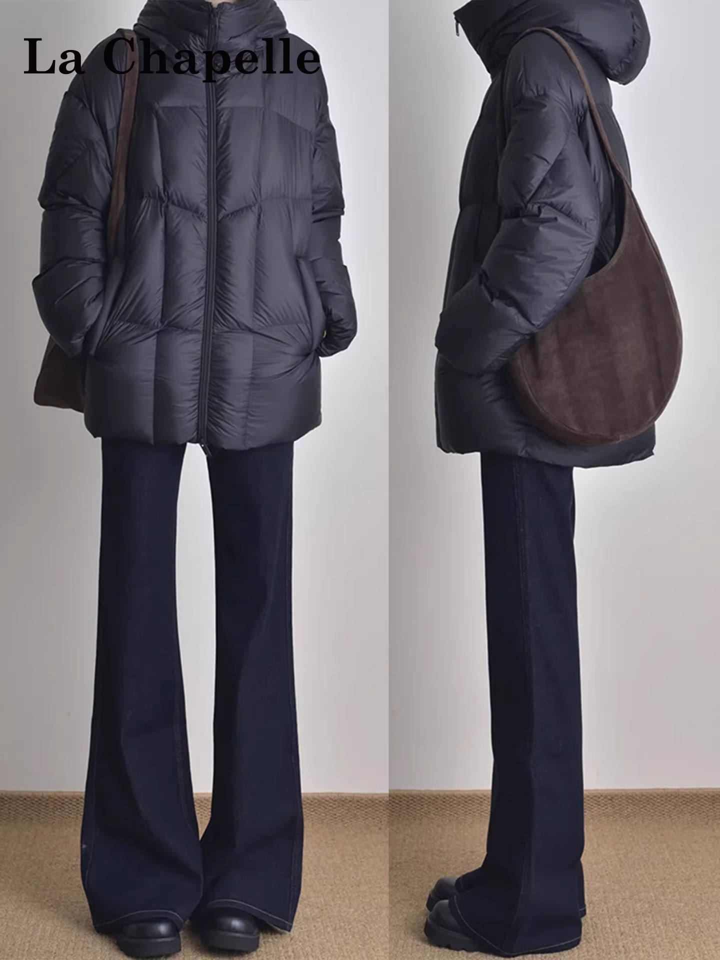 Quần jeans xòe lưng cao màu xanh đậm La Chapelle dành cho nữ, mẫu mới thu đông 2025, dáng ôm vừa vặn, chất liệu mềm mại, kiểu dáng chuông.