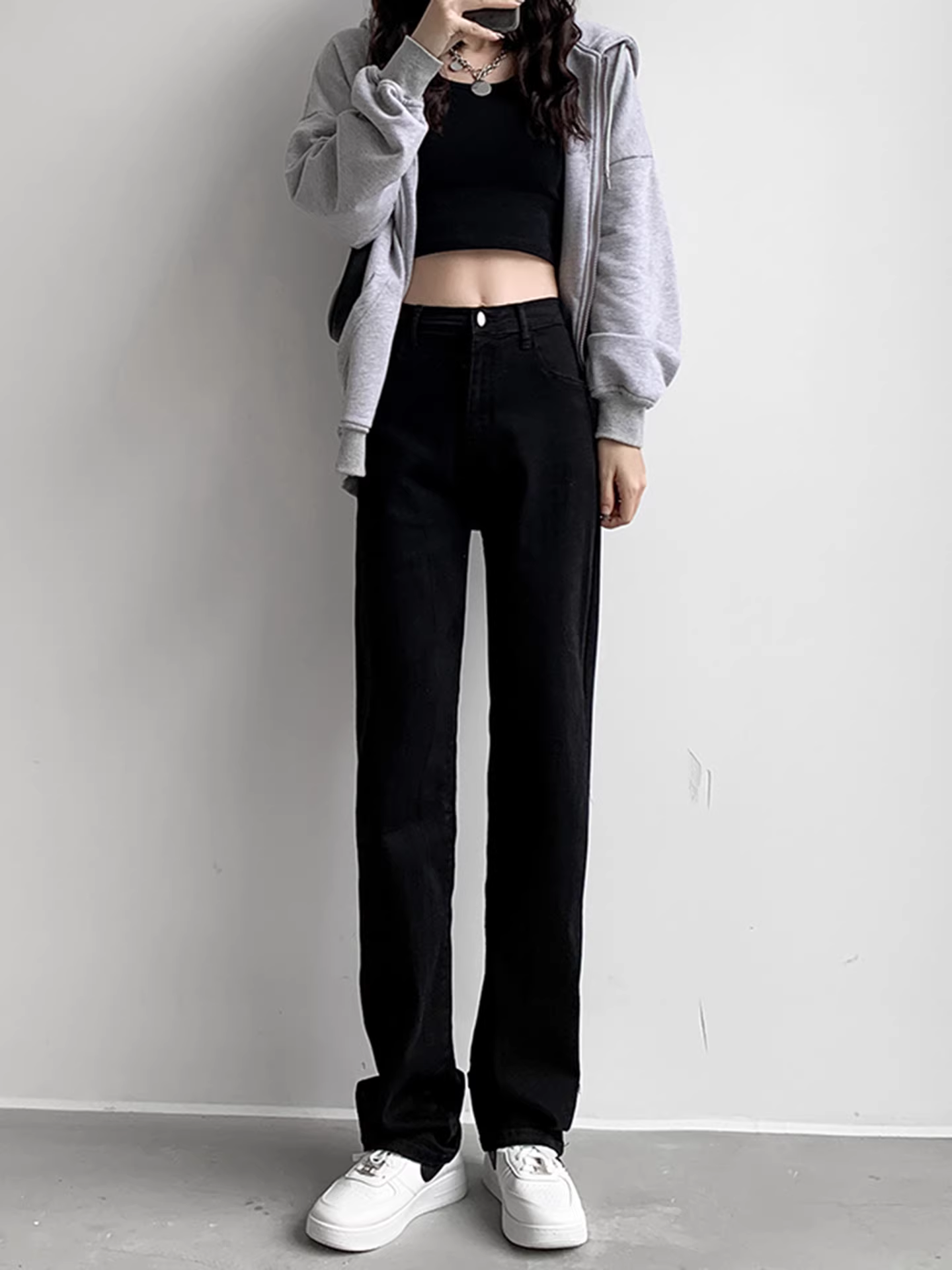 Quần jeans nữ La Chapelle đen cạp cao lót lông cừu, kiểu dáng ôm dáng, thẳng, dáng thuốc lá, mới thu đông 2025, size nhỏ nhắn