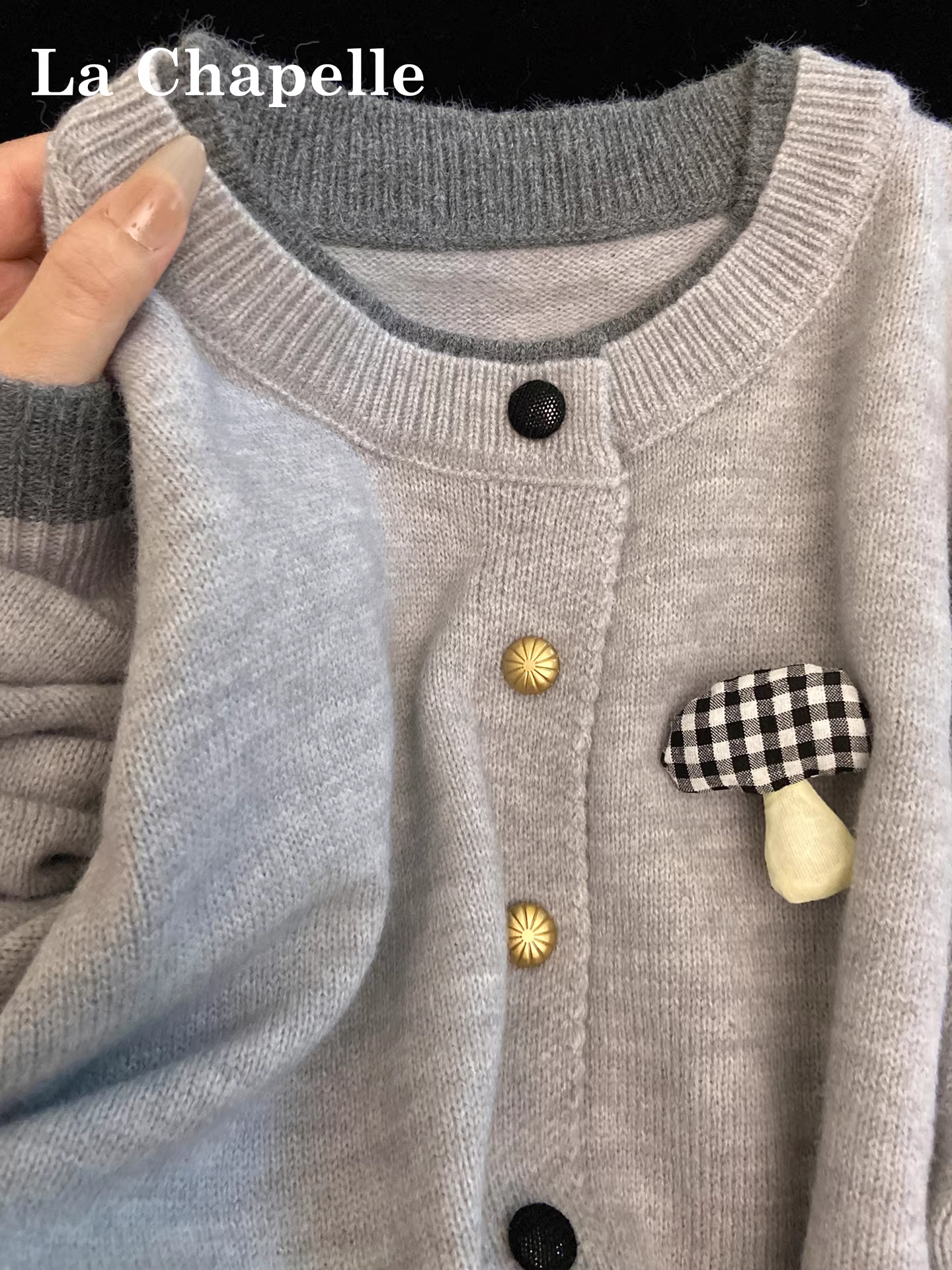 Áo cardigan len dệt kim cổ tròn màu xám La Chapelle dành cho nữ, kiểu dáng mùa thu đông 2025 mới, phong cách lười biếng, áo khoác len