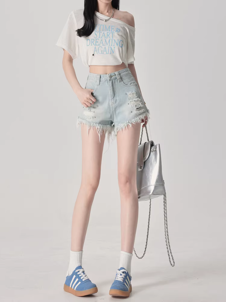 Quần short denim rách màu sáng La Chapelle dành cho nữ, quần short dáng chữ A mỏng lưng cao mới mùa hè 2025