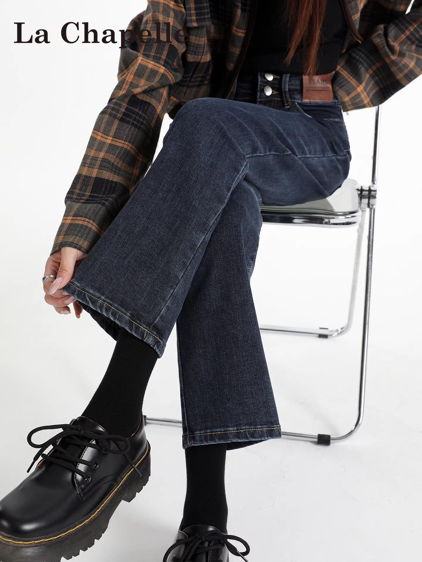 Quần jeans La Chapelle dáng lửng dành cho nữ, mẫu mới thu đông 2025, cạp cao, lót lông, ống thẳng, dành cho người nhỏ nhắn