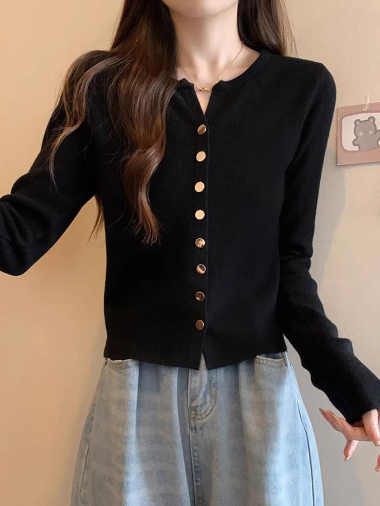 Áo len dệt kim dài tay cổ chữ V màu đen La Chapelle dành cho nữ mùa xuân thu 2025 kiểu dáng mới phong cách lười biếng áo cardigan dệt kim