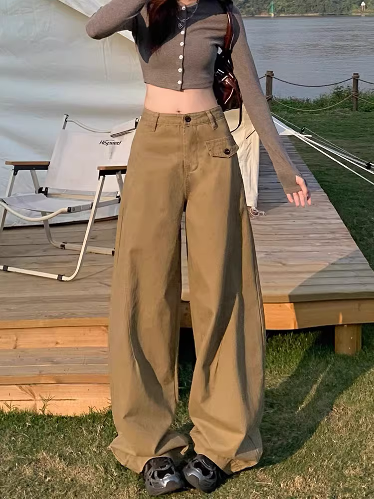 Quần jeans cargo ống rộng La Chapelle dành cho nữ, kiểu dáng mới xuân thu 2025, phong cách Mỹ, cạp cao, dáng thẳng, chất liệu mềm mại