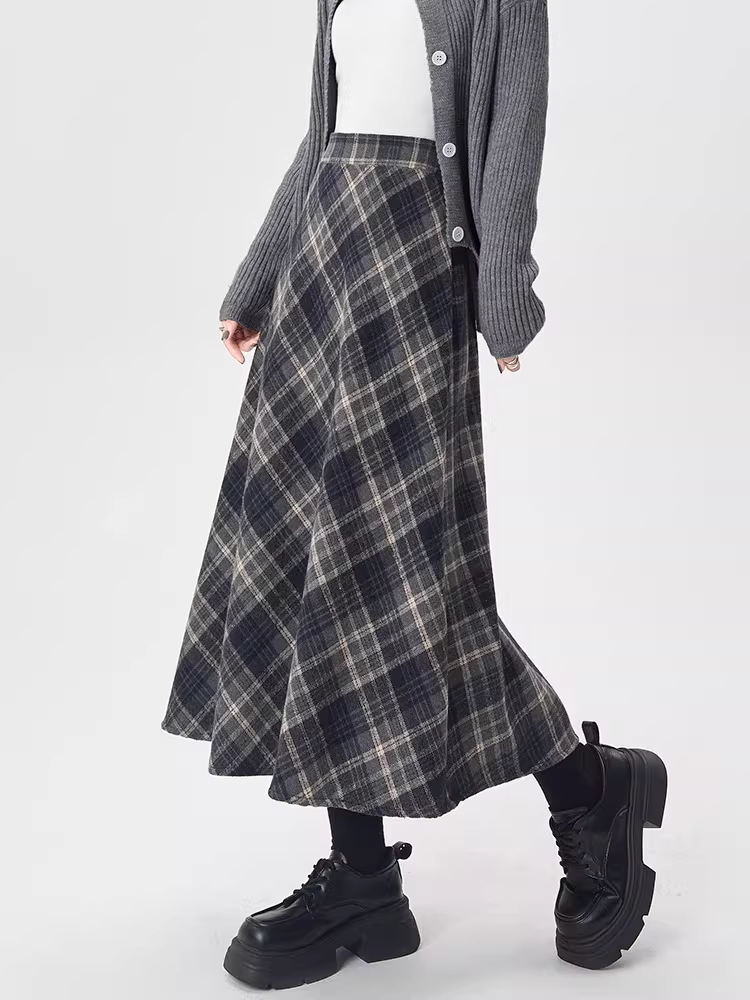 Váy len kẻ ca rô La Chapelle dành cho nữ, mùa thu đông 2025, kiểu dáng mới, cạp cao, tôn dáng, dáng chữ A, dài qua gối.