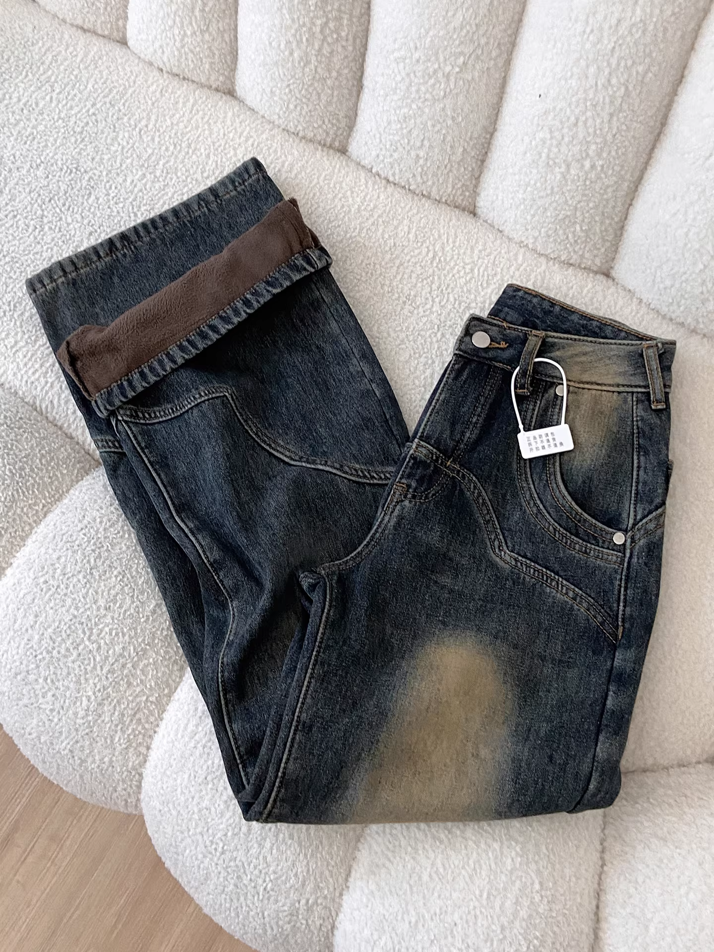 Quần jeans nữ La Chapelle kiểu dáng retro, lót lông dày, ống loe, mùa thu đông 2025, cạp cao, ôm dáng, kiểu chuông