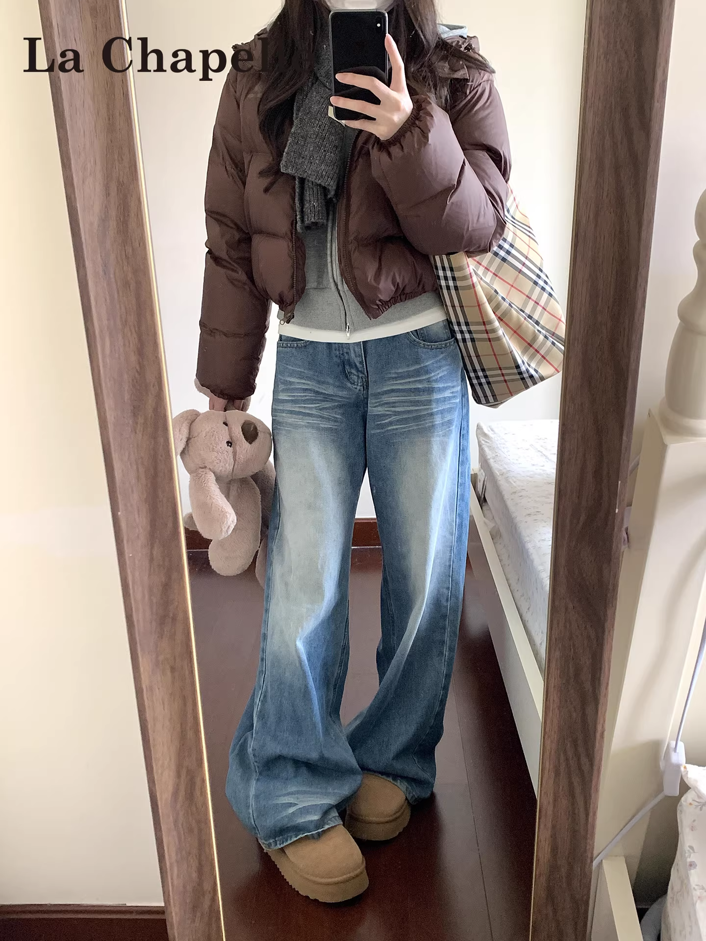 Quần jeans nữ La Chapelle kiểu Mỹ, cạp cao, ống rộng, dáng suông dài chấm đất, mùa thu đông 2025 mới