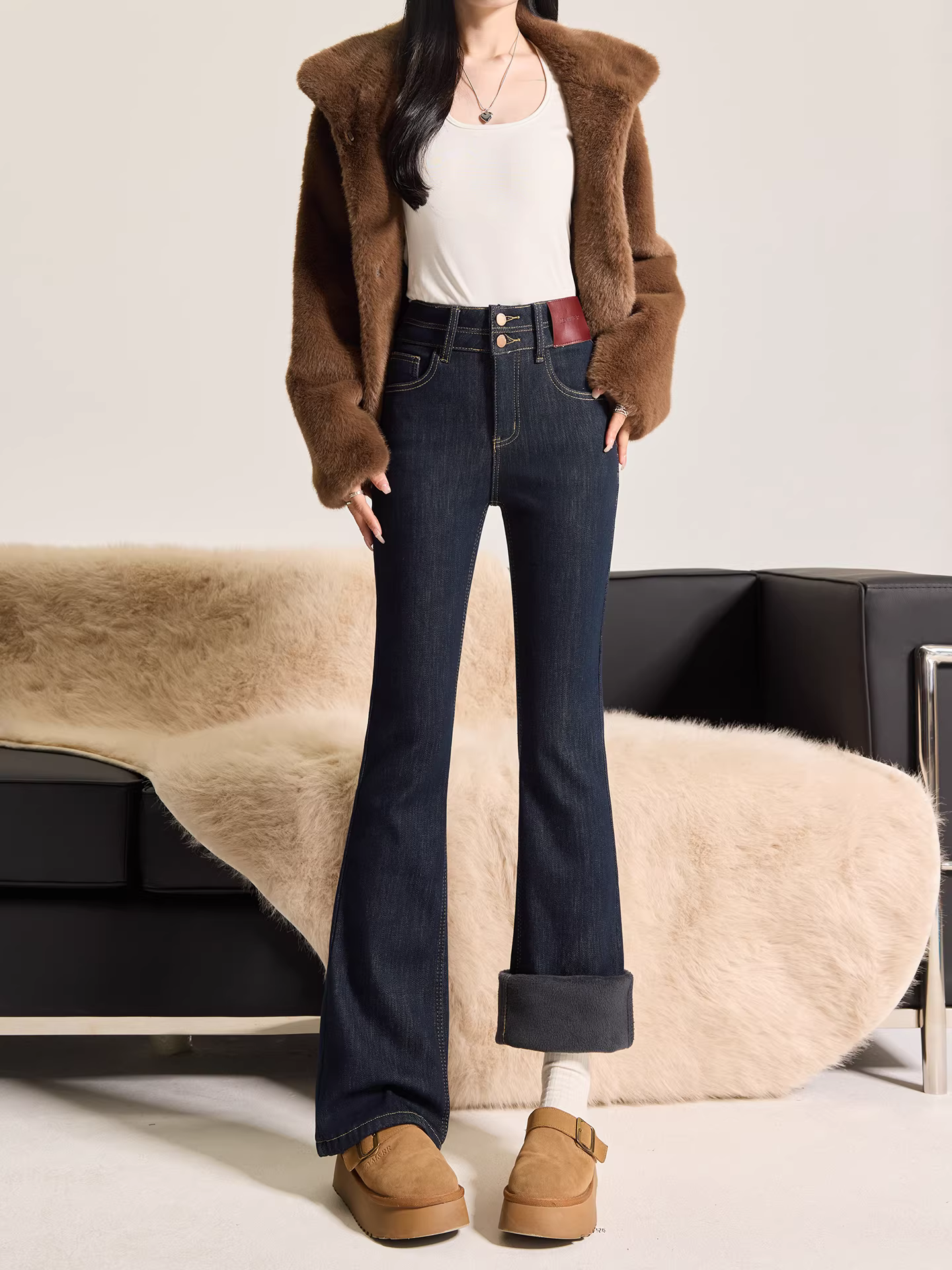 Quần jeans ống loe dày dặn lót lông phong cách retro Mỹ La Chapelle dành cho nữ, mẫu mới thu đông 2025, cạp cao