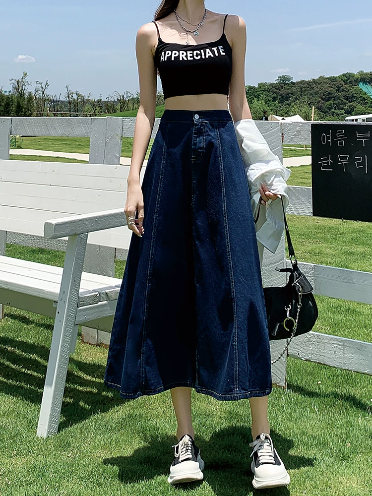 Chân váy denim midi lưng cao La Chapelle dành cho nữ, mẫu mới xuân thu 2025, dáng nhỏ nhắn, dài trung bình, tôn dáng, kiểu dáng chữ A, dáng xòe.