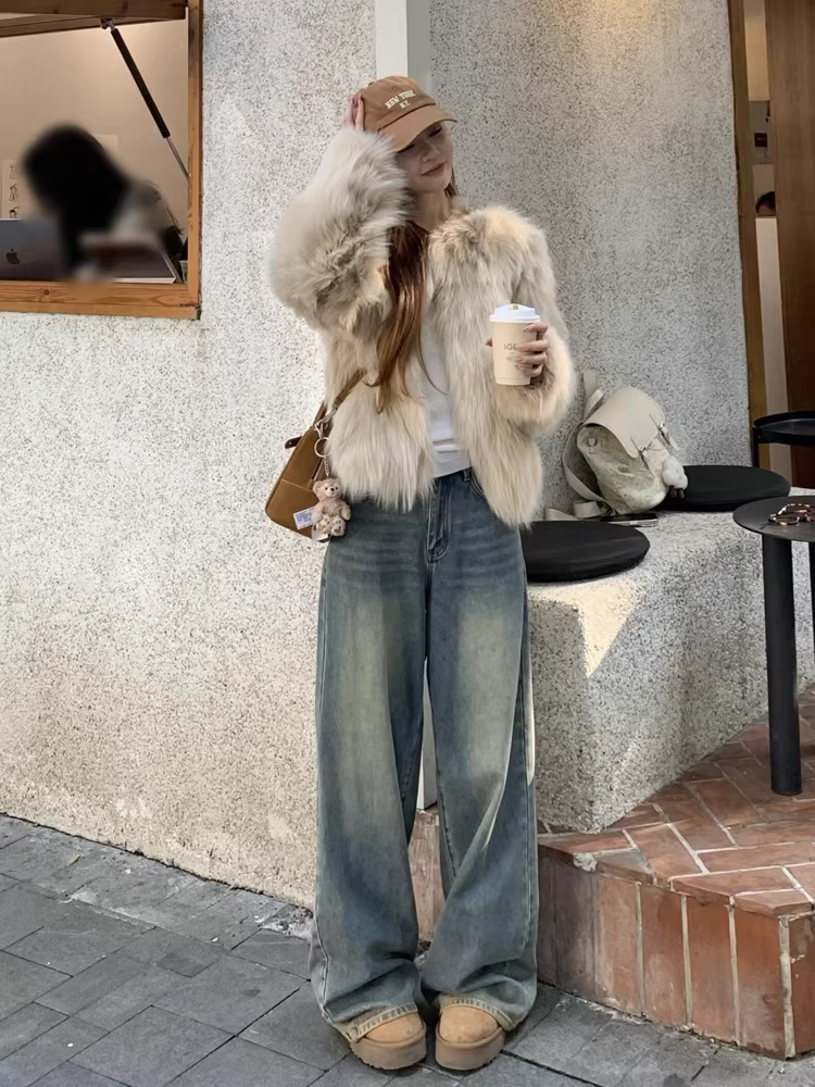 Quần jeans ống rộng dày dặn lót lông cừu La Chapelle dành cho nữ, kiểu dáng Mỹ, mùa thu đông 2025, dành cho người nhỏ nhắn.