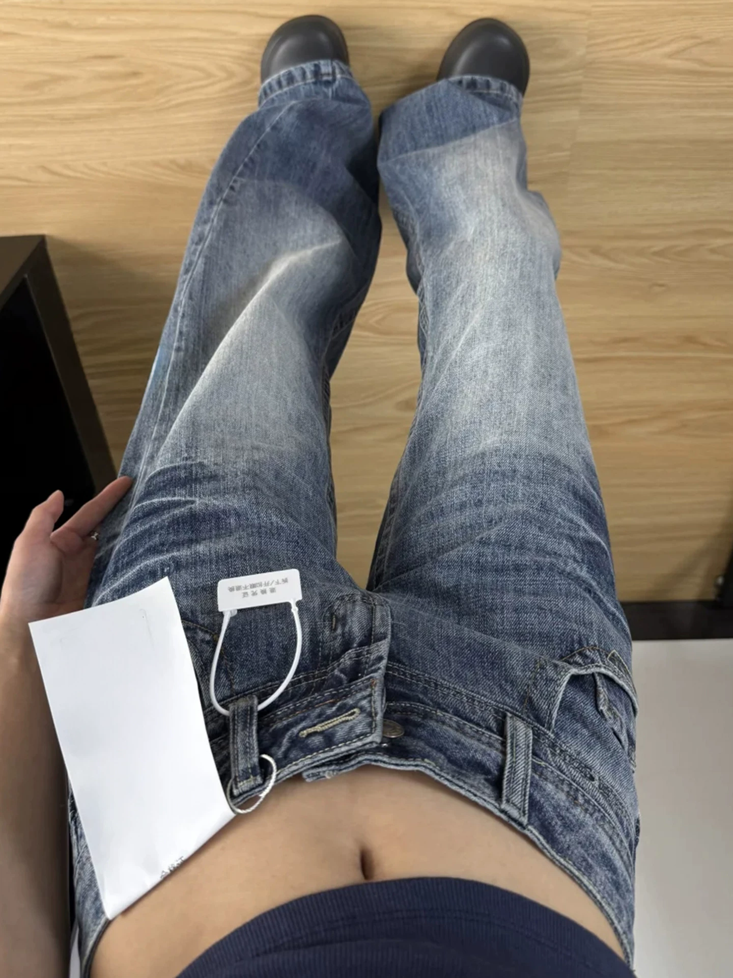 Quần jeans nữ La Chapelle màu xanh, cạp cao, ống rộng, kiểu dáng mới Thu Đông 2025, phong cách Mỹ, tôn dáng, rộng rãi, dài chấm đất