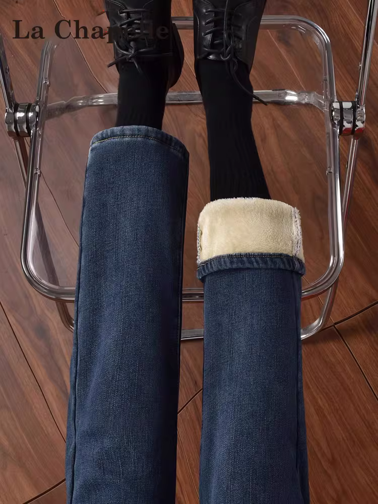 Quần jean La Chapelle dáng thẳng chín phần dành cho nữ, kiểu mới thu đông 2025, lót lông cừu, dày dặn, cạp cao, ôm dáng, kiểu quần thuốc lá.