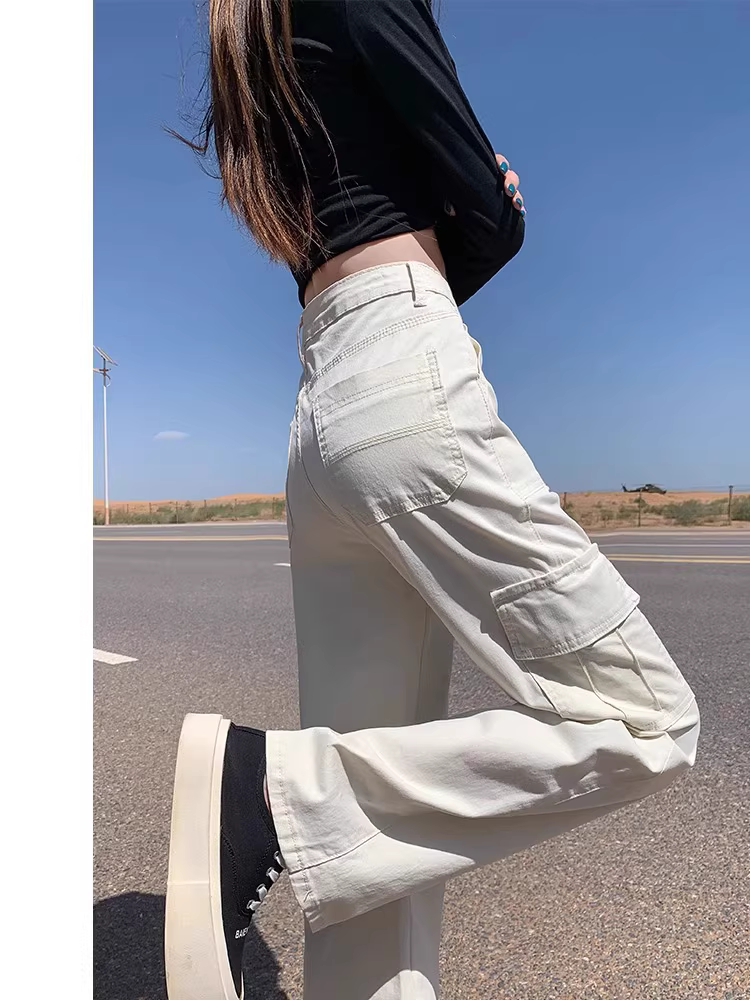 Quần cargo denim ống rộng dáng suông La Chapelle dành cho nữ, mẫu mới thu 2025, phong cách Mỹ, cạp cao, dáng thẳng, size nhỏ nhắn