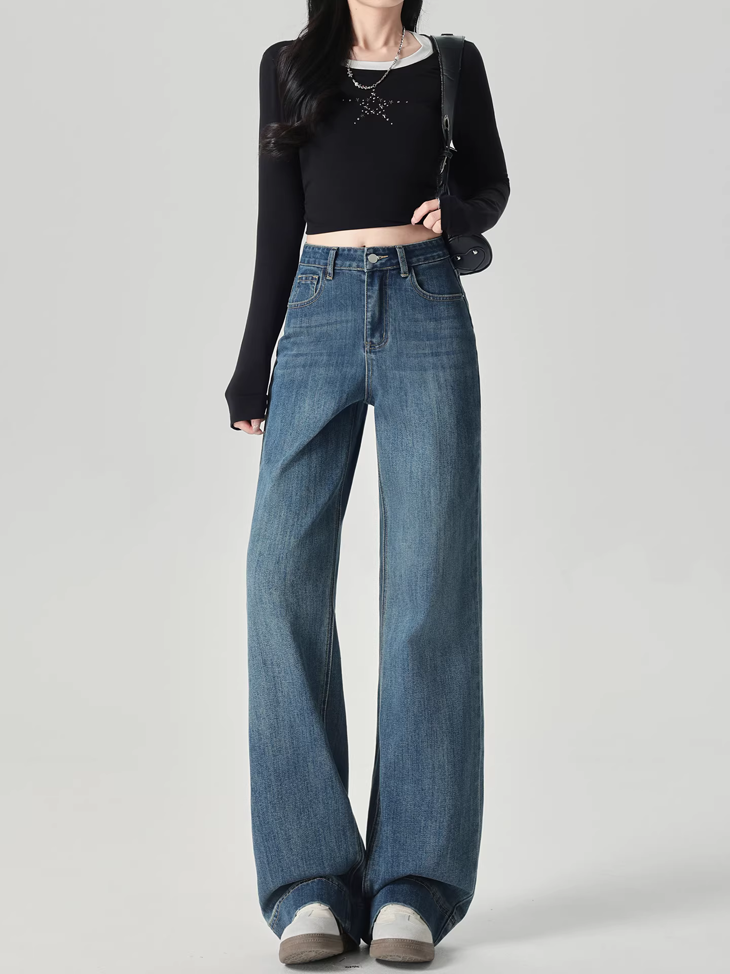 Quần jeans La Chapelle cạp cao ống rộng dành cho nữ, mẫu mới thu đông 2025, dáng suông, dài chấm đất