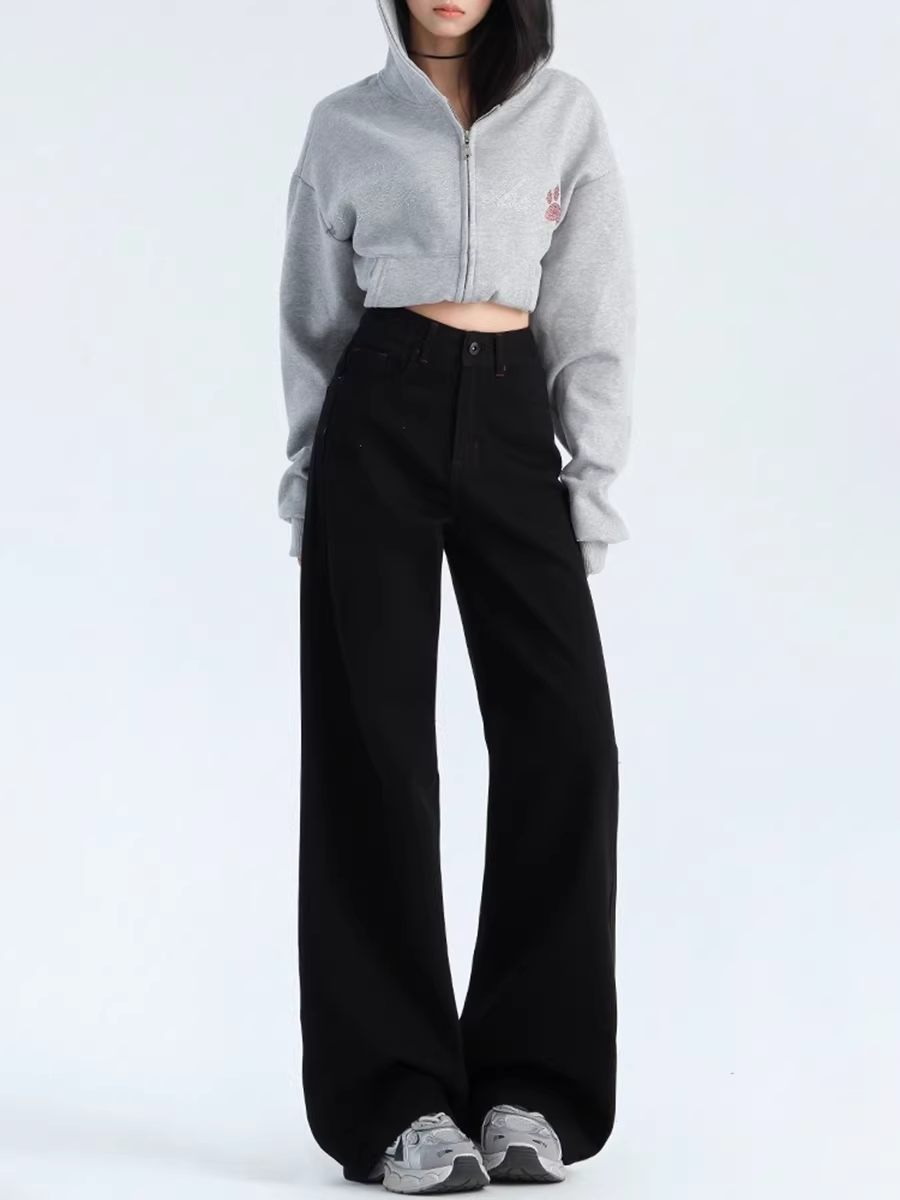 Quần jeans đen La Chapelle dáng rộng ống rộng dành cho nữ, mẫu mới thu đông 2025, cạp cao, chất liệu mềm mại, dài chấm đất, dáng thẳng