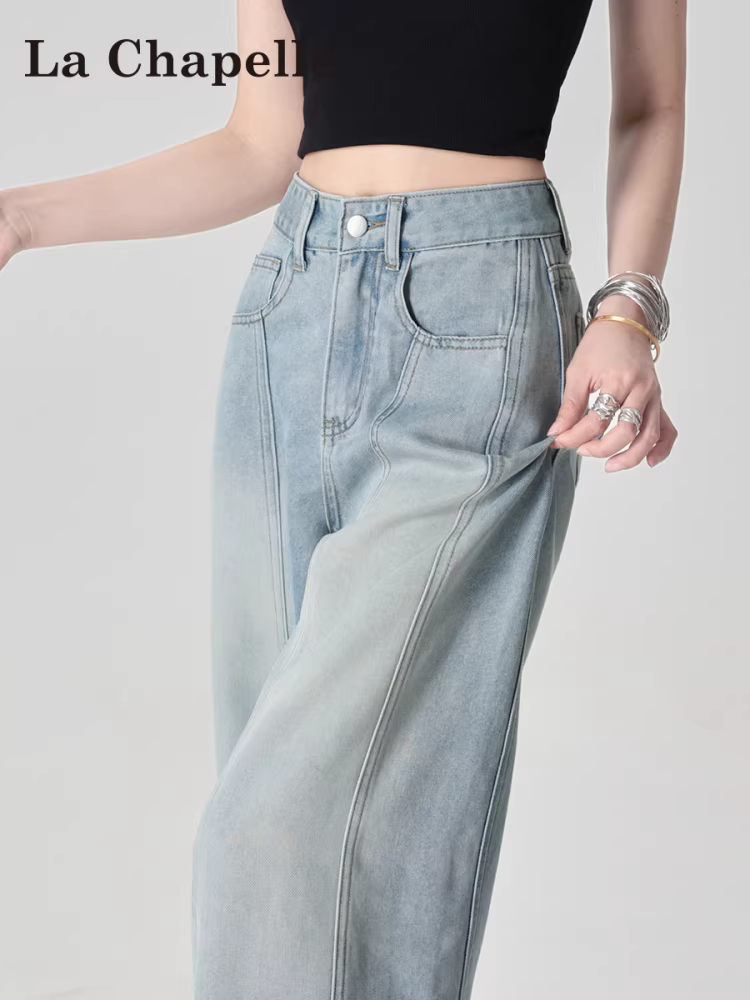 Quần jeans ống rộng La Chapelle Tencel dành cho nữ, mẫu mới hè 2025, cạp cao, dáng rộng, ống thẳng, kiểu dáng cong