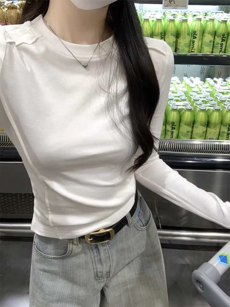 Áo thun nữ La Chapelle cổ tròn dài tay màu trắng, áo lót ôm dáng mới mùa thu 2025.