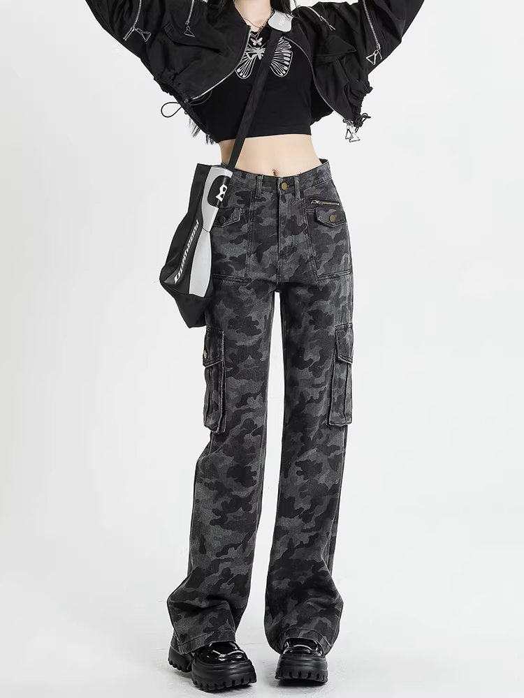 Quần cargo màu xám kiểu Mỹ La Chapelle dành cho nữ, mẫu mới thu đông 2025, cạp cao, ôm dáng, ống thẳng, phong cách cá tính