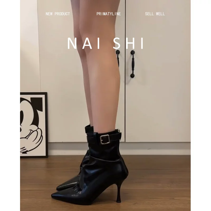 Phiên bản da cừu! Giày bốt cao gót ngắn có khóa thắt lưng thời trang dành cho nữ, mũi nhọn, bốt xếp ly, da thật, gót nhọn thanh lịch, bốt co giãn.