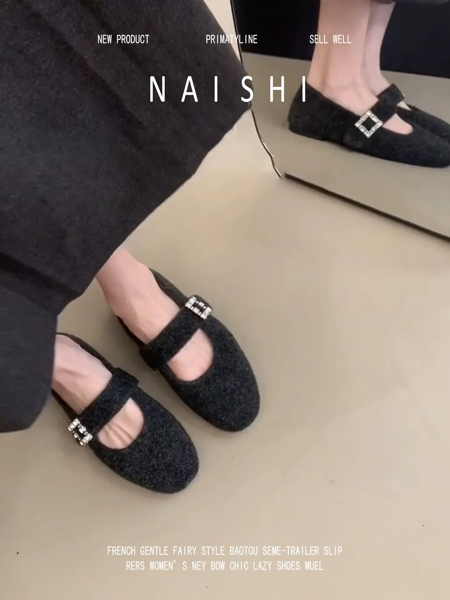 Phiên bản da cừu! Giày đơn bằng len màu xám phong cách Hàn Quốc dành cho nữ có quai đính đá, giày Mary Jane lông mềm phối cùng váy, giày lông thú.