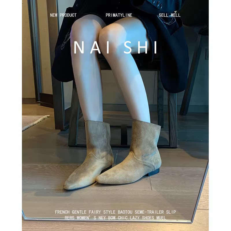 Phiên bản da cừu! Giày bốt cổ ngắn Melard cổ điển dành cho nữ, giày cao bồi da lộn mềm mại kiểu miền Tây với lỗ hở nghiêng, giày bốt cổ ngắn thu đông giúp thon gọn chân.