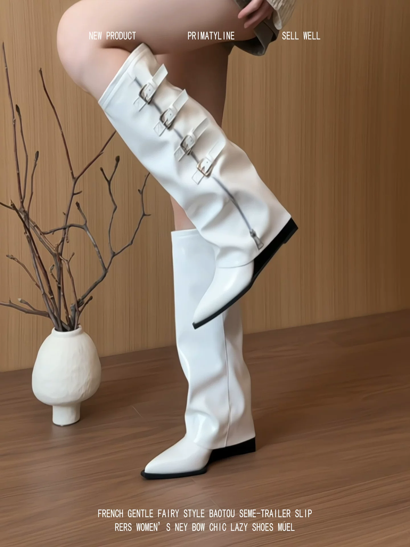 Phiên bản da cừu! Giày bốt cao đến đầu gối kiểu Pháp thanh lịch màu trắng dành cho nữ, có khóa thắt lưng và mũi nhọn.