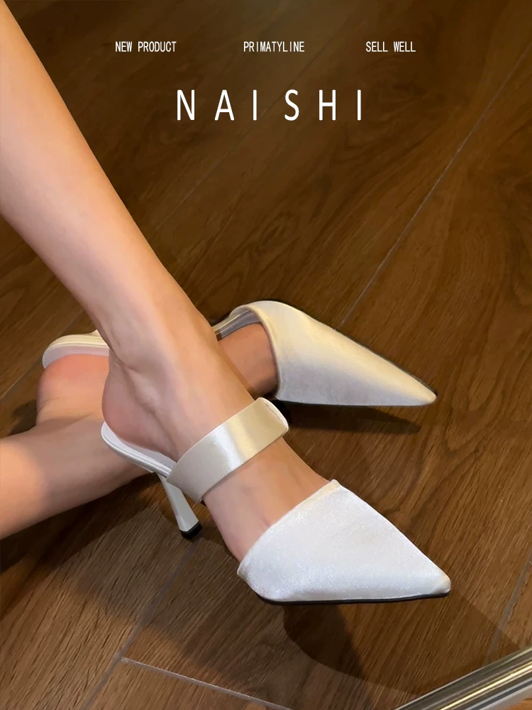Phiên bản da cừu! Giày cao gót satin kiểu Pháp dành cho nữ, kiểu mules kín mũi có quai, thích hợp phối với đầm, sandal cao gót.