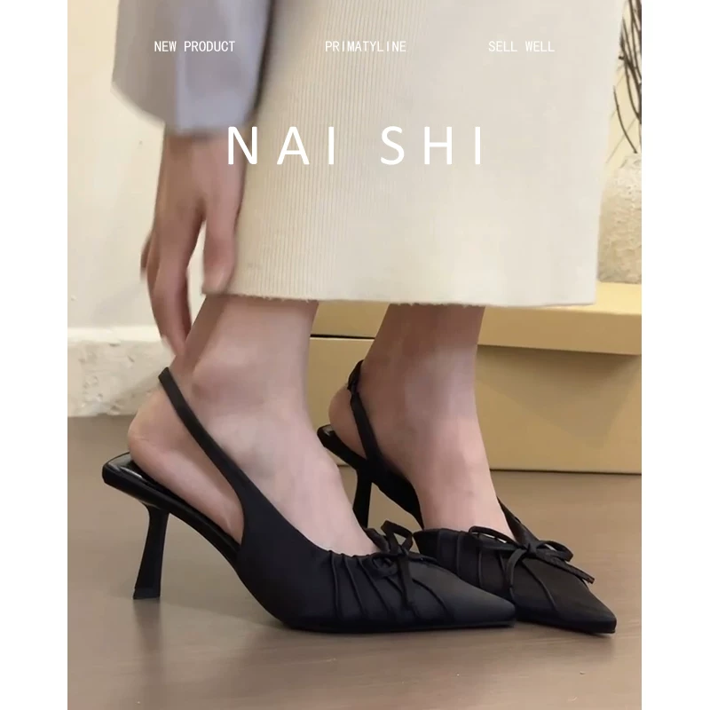 Phiên bản da cừu! Dép sandal nữ kiểu Pháp màu đen, mũi kín, có nơ, khoét bên, gót cao, giày mũi nhọn gợi cảm.