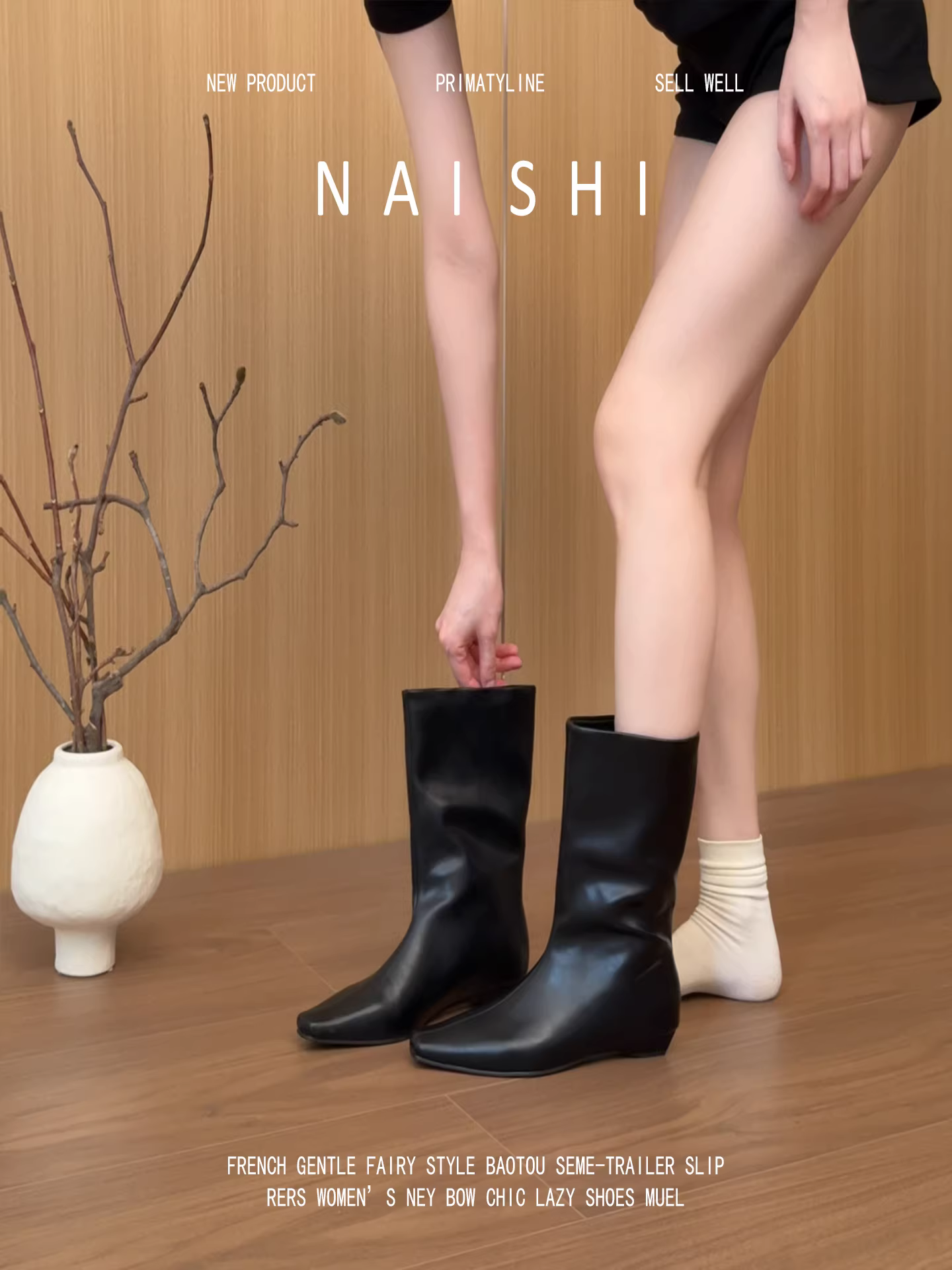 Phiên bản da cừu! Giày bốt mũi vuông, giày bốt đế xuồng cao đến giữa bắp chân cỡ nhỏ, giày bốt cưỡi ngựa màu đen thời trang, giày bốt cao cấp dáng ôm.