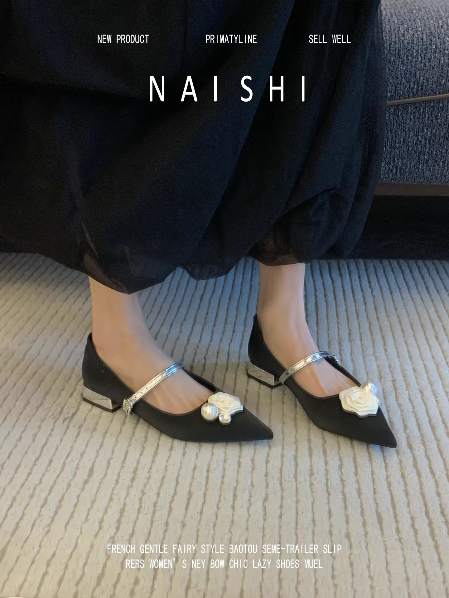 Phiên bản da cừu! Giày Mary Jane kiểu Pháp đính hoa ngọc trai, kiểu dáng dạ hội, phù hợp với đầm, mũi nhọn, gót thô, giày nữ.