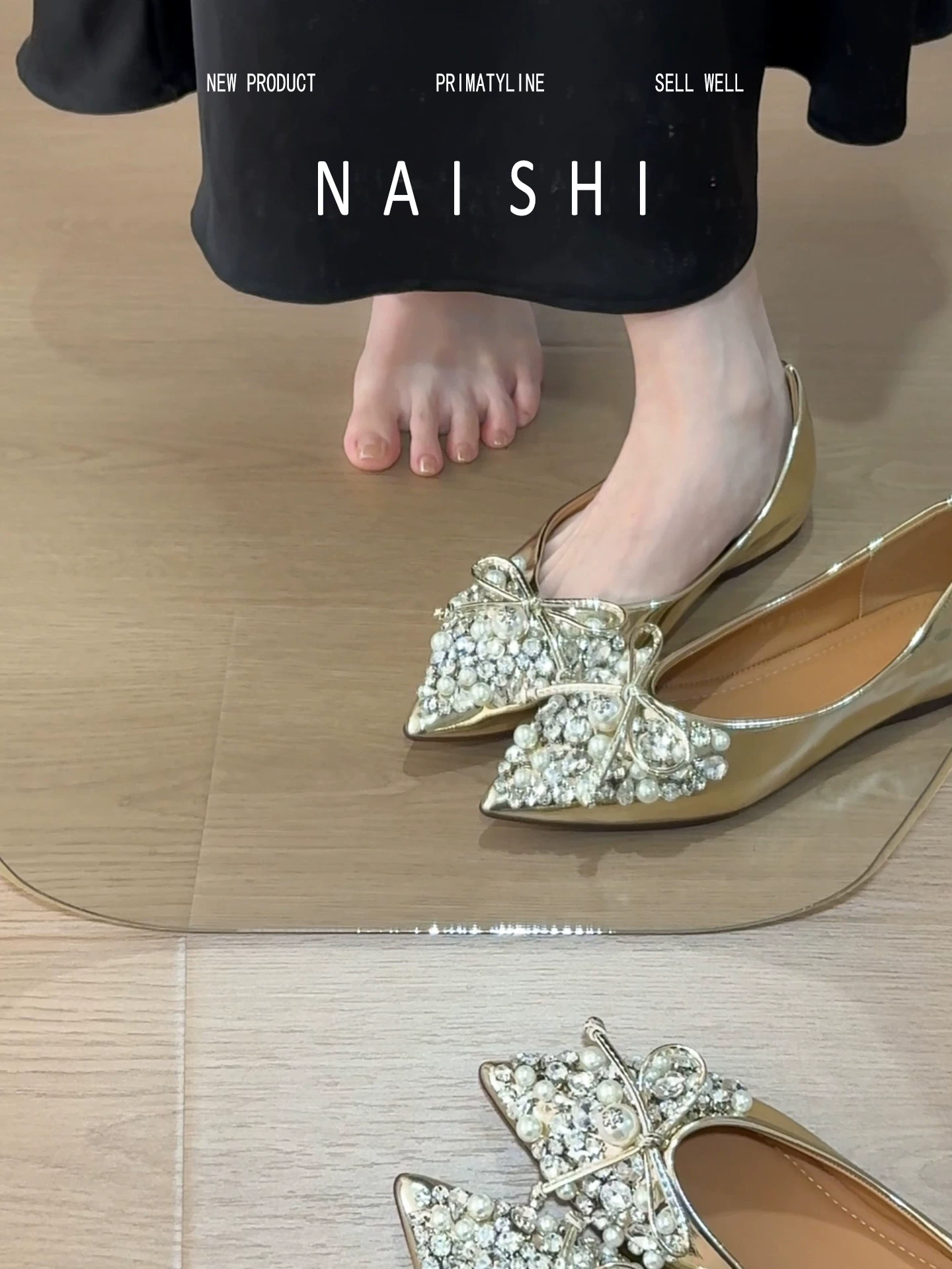 Phiên bản da cừu! Giày cao gót mũi nhọn màu vàng kiểu Pháp dành cho nữ, kiểu nơ điệu đà phối chân váy, giày lười đính đá.