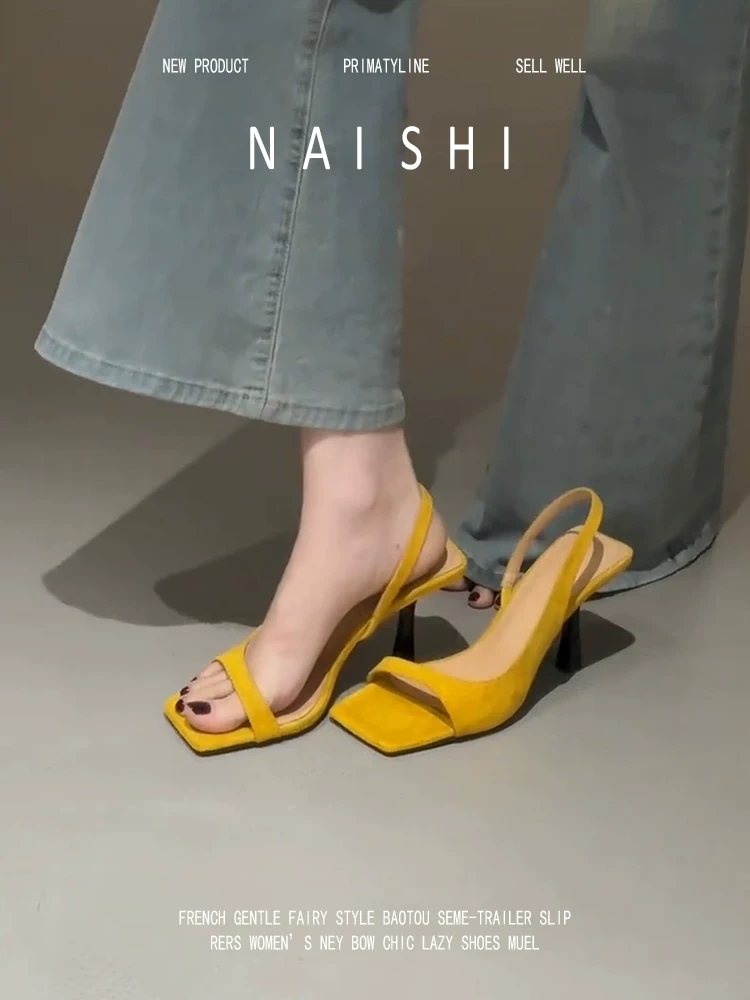 Phiên bản da cừu! Dép quai ngang mũi vuông dành cho nữ, phong cách Pháp mùa hè, phối cùng váy, giày cao gót, giày cao gót đen không gót.